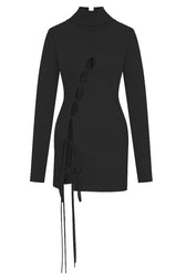 Cutout Bow Tie High Neck Long Sleeve Bandage Mini Dress - Black 3