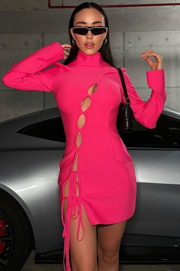 High Neck Long Sleeve Cut Out Tie Front Bandage Mini Dress