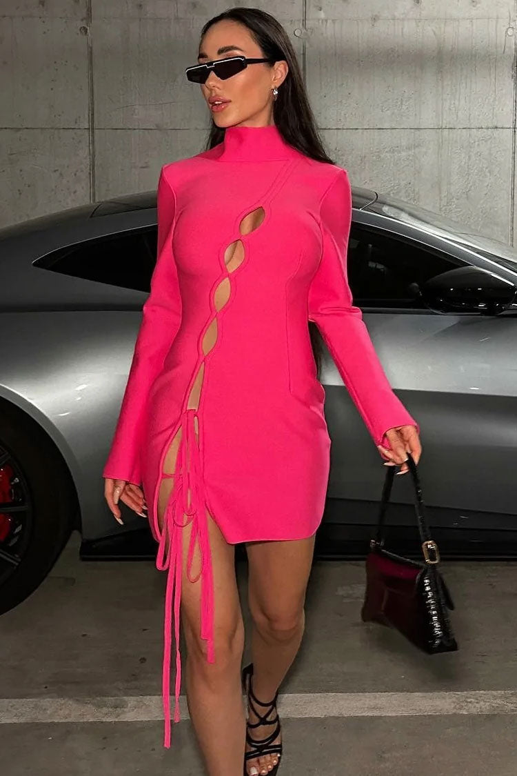 Cutout Bow Tie High Neck Long Sleeve Bandage Mini Dress - Hot Pink 2
