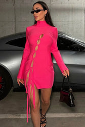 Cutout Bow Tie High Neck Long Sleeve Bandage Mini Dress - Hot Pink 2