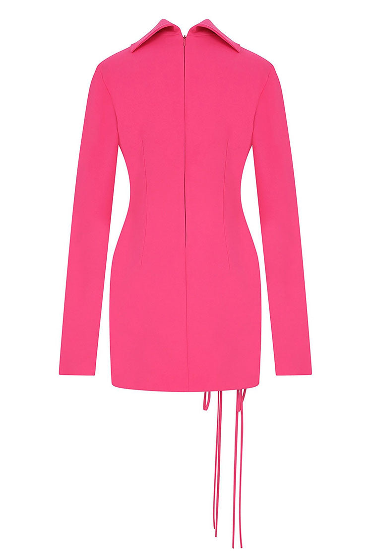 Cutout Bow Tie High Neck Long Sleeve Bandage Mini Dress - Hot Pink 4