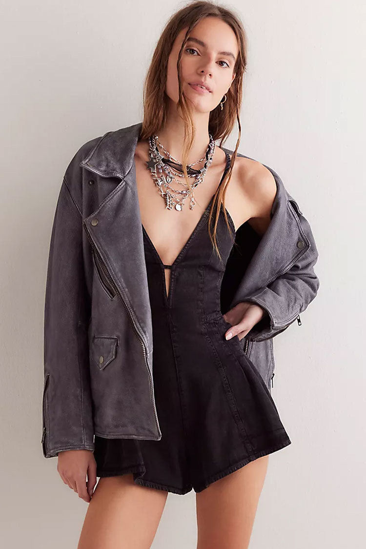 Sexy Deep V Bow Tie Backless Pleated Wide Leg Summer Denim Romper