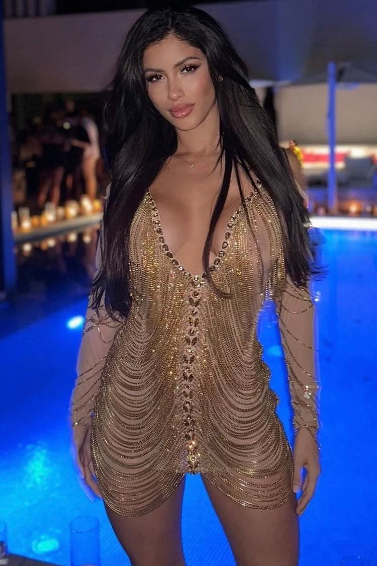 Sexy Deep V Cold Shoulder Sheer Mesh Rhinestone Fringe Party Mini Dress - Gold 5