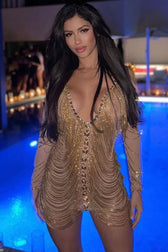 Sexy Deep V Cold Shoulder Sheer Mesh Rhinestone Fringe Party Mini Dress - Gold 5