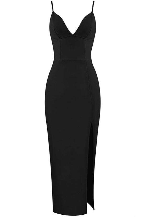 Deep V High Slit Sleeveless Bandage Cocktail Party Maxi Dress - Black 3