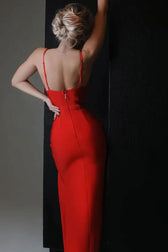 Sexy Deep V High Slit Sleeveless Bandage Cocktail Party Maxi Dress - Red 3