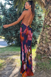 Sexy Deep V Printed Lace Chiffon Sheer Fishtail Slip Maxi Dress - Multicolor 3