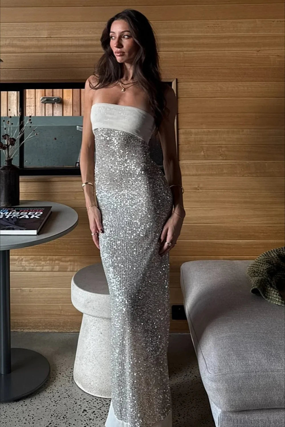 Sexy Elegant Sequin Strapless Fitted Slit Backless Evening Dress