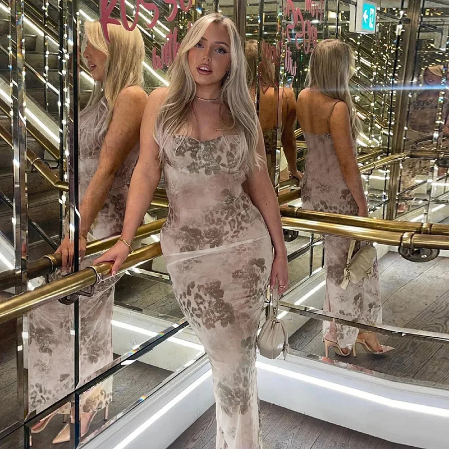 Sexy Elegant Spaghetti Strap Floral Dress khaki / S