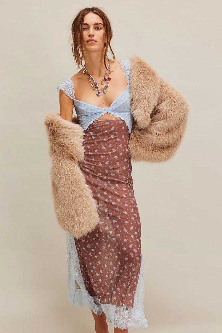 Sexy Floral Print Scalloped Lace Cap Sleeve Cutout Summer Slip Midi Dress