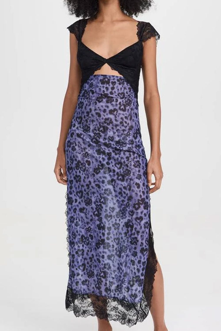 Sexy Floral Print Scalloped Lace Cap Sleeve Cutout Summer Slip Midi Dress