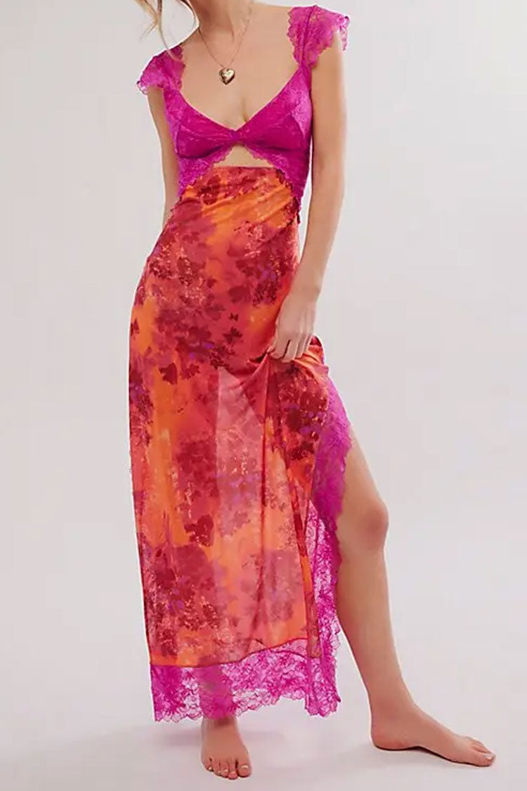 Sexy Floral Print Scalloped Lace Cap Sleeve Cutout Summer Slip Midi Dress