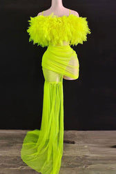Sexy Gloved Ruffle Off Shoulder Draped Sheer Ruched Mesh Mini Dress - Neon Yellow 2