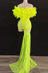 Sexy Gloved Ruffle Off Shoulder Draped Sheer Ruched Mesh Mini Dress - Neon Yellow 3