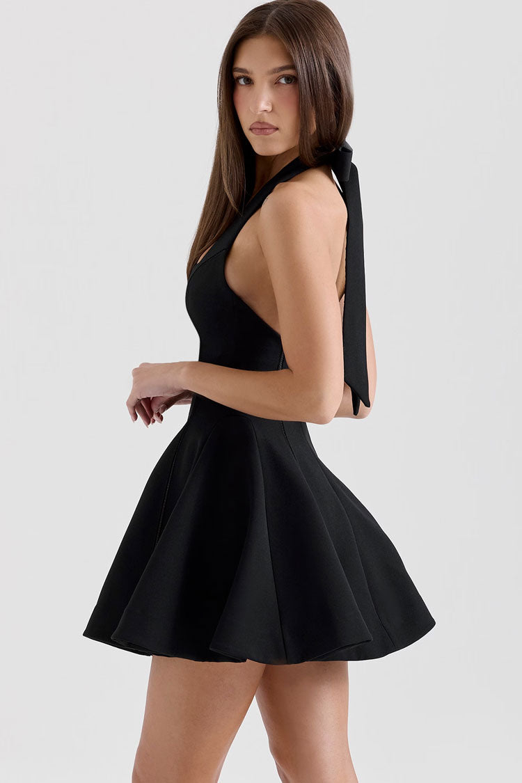 Sexy Halter Bow Tie Ladder A Line Flare Hem Sleeveless Party Mini Dress