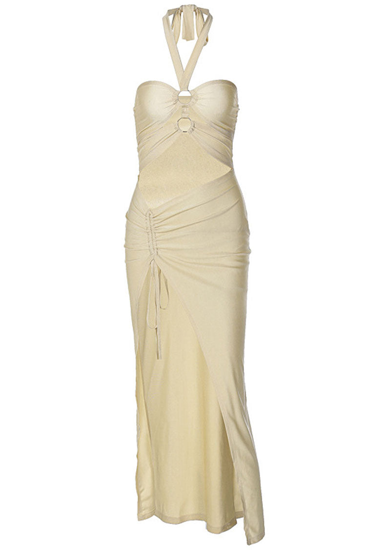 Alluring Halter Ruched Side Split Cutout Beach Vacation Maxi Dress - Apricot