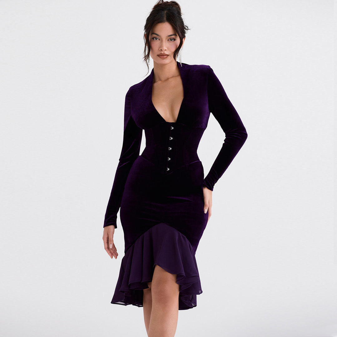 Velvet Deep V-Neck Long Sleeve Corset Ruffle Hem High Low Midi Dress