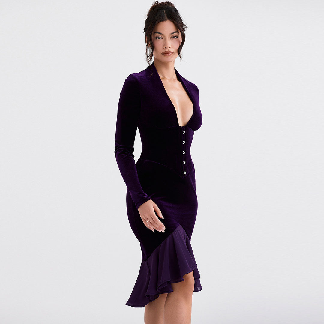 Velvet Deep V-Neck Long Sleeve Corset Ruffle Hem High Low Midi Dress 2