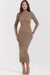 Sexy High Neck Long Sleeve Cutout Back Fit Semi Sheer Sweater Midi Dress - Khaki 4