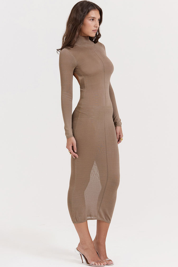 Sexy High Neck Long Sleeve Cutout Back Fit Semi Sheer Sweater Midi Dress - Khaki 5