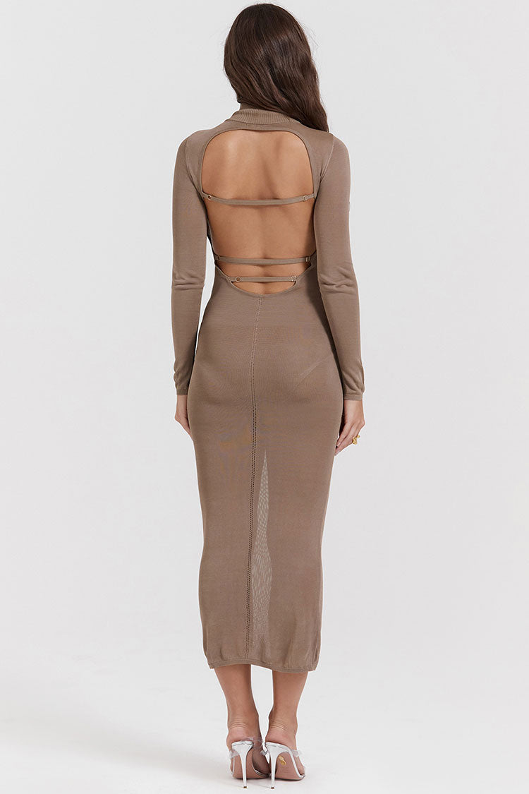 Sexy High Neck Long Sleeve Cutout Back Fit Semi Sheer Sweater Midi Dress - Khaki 6