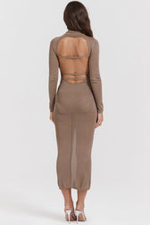 Sexy High Neck Long Sleeve Cutout Back Fit Semi Sheer Sweater Midi Dress - Khaki 6