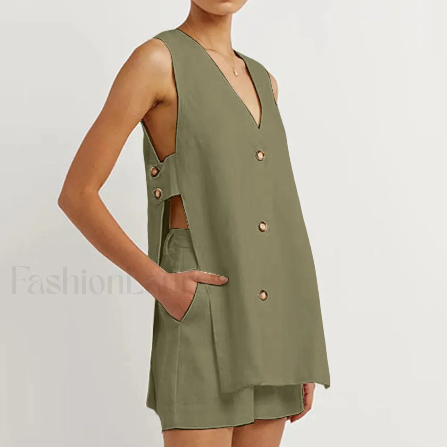 Sexy Hollow Button Shorts Two Piece Set army green / S