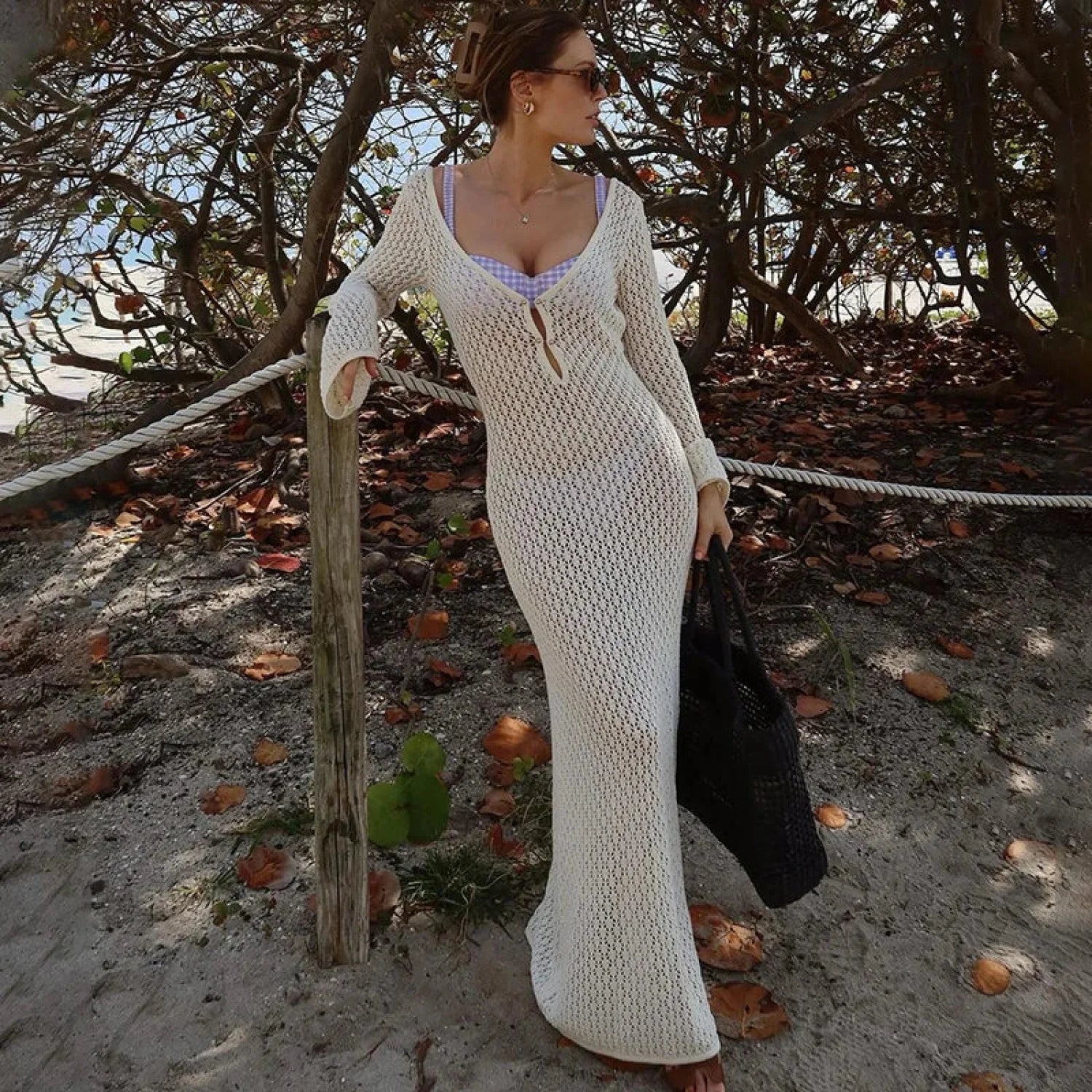 Sexy Knitted Hollow Crochet Beach Maxi Cover-Up