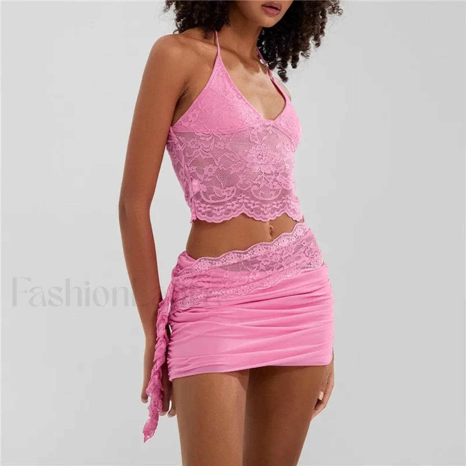 Sexy Lace Halter Backless Crop Top Mini Skirt Two Piece Set