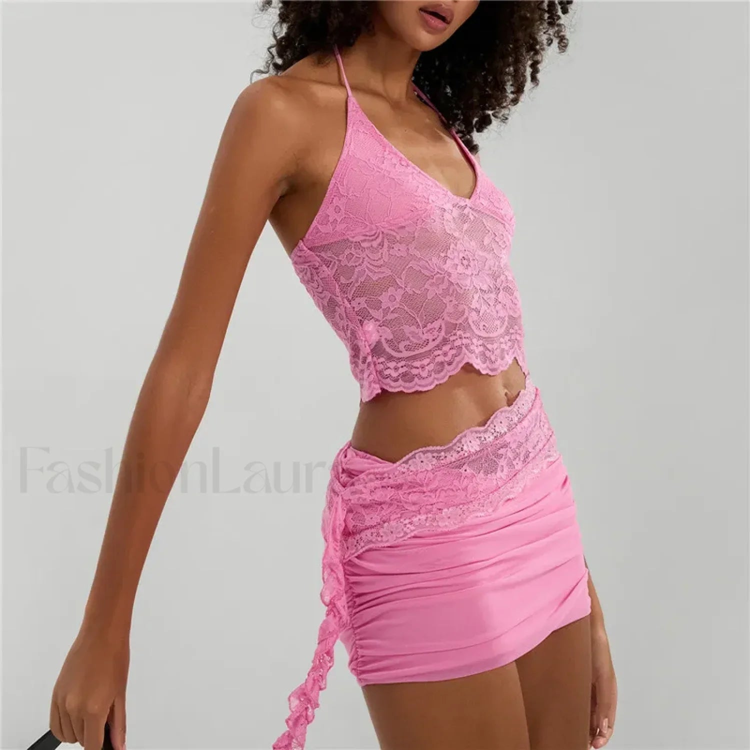 Sexy Lace Halter Backless Crop Top Mini Skirt Two Piece Set