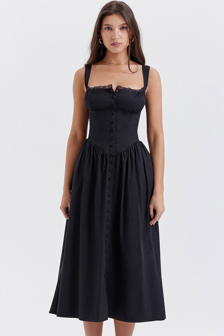 Sexy Lace Square Neck Lace Up Back Fit & Flare Midi Sundress - Black