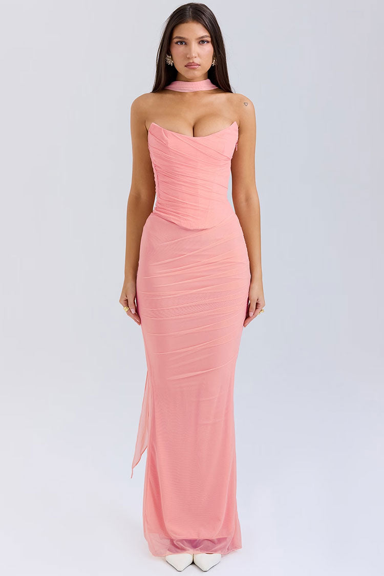 Sexy Mesh Scarf Strapless Crop Corset Ruched Maxi Skirt Two Piece Dress