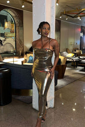 Metallic Cowl Sweetheart Neck Chain Evening Maxi Dress - Gold - View 4