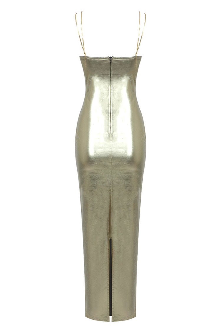 Metallic Cowl Sweetheart Neck Chain Evening Maxi Dress - Gold - View 6