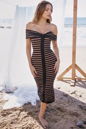 Sexy Off Shoulder Contrast Striped Bandage Cocktail Party Midi Dress - Black 6