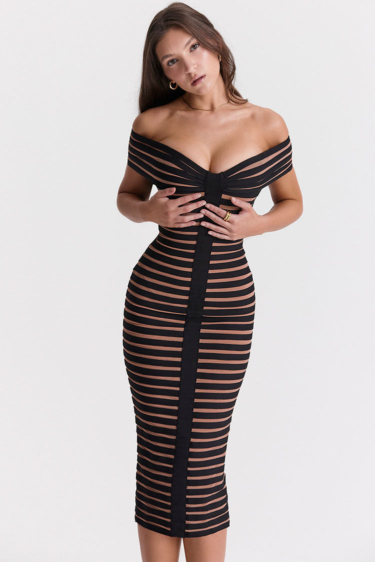Sexy Off Shoulder Contrast Striped Bandage Cocktail Party Midi Dress - Black 2