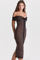 Sexy Off Shoulder Contrast Striped Bandage Cocktail Party Midi Dress - Black 3