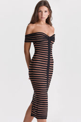 Sexy Off Shoulder Contrast Striped Bandage Cocktail Party Midi Dress - Black 4