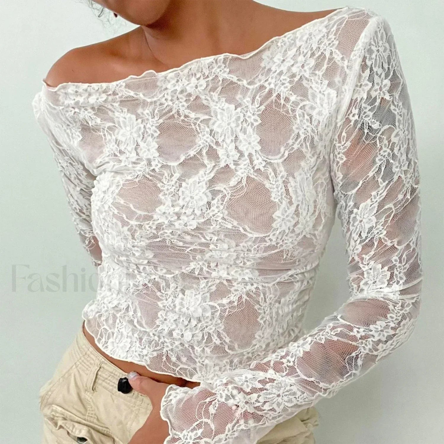 Sexy Off-Shoulder See-Through Lace Long Sleeve Crop Top