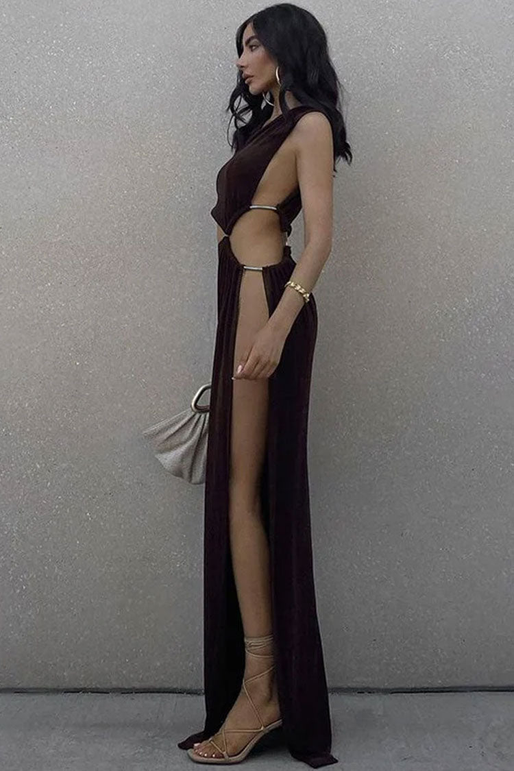 One Shoulder Cutout High Slit Sheer Maxi Dress - Brown 4