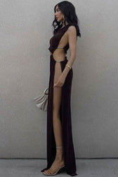 One Shoulder Cutout High Slit Sheer Maxi Dress - Brown 4