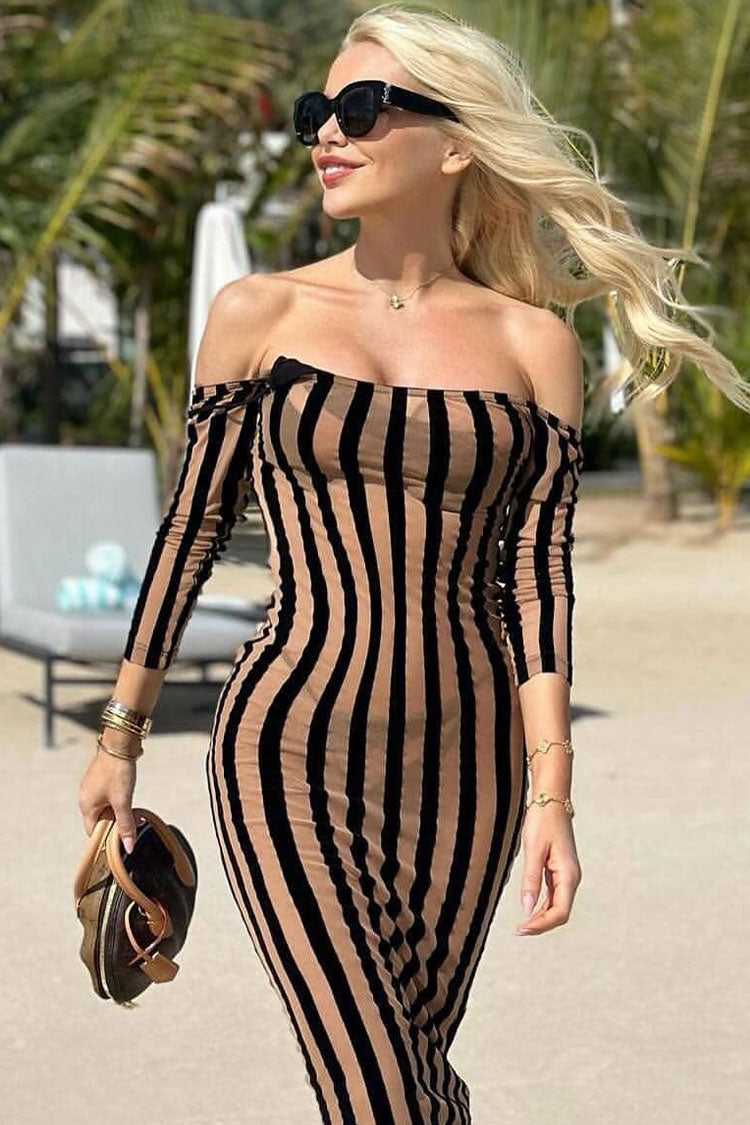 Sexy Open Back Striped Long Sleeve Split Sheer Mesh Midi Dress - Black 3