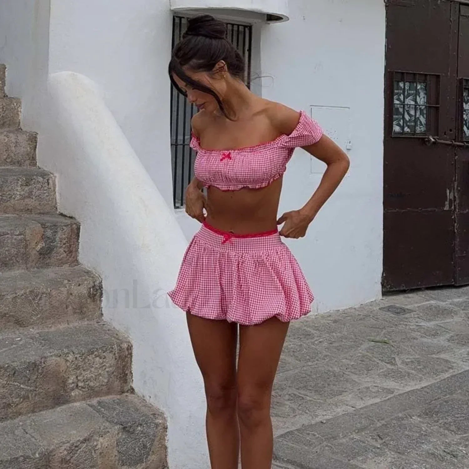 Sexy Party Plaid Off Shoulder Top Skirt Two Piece Set