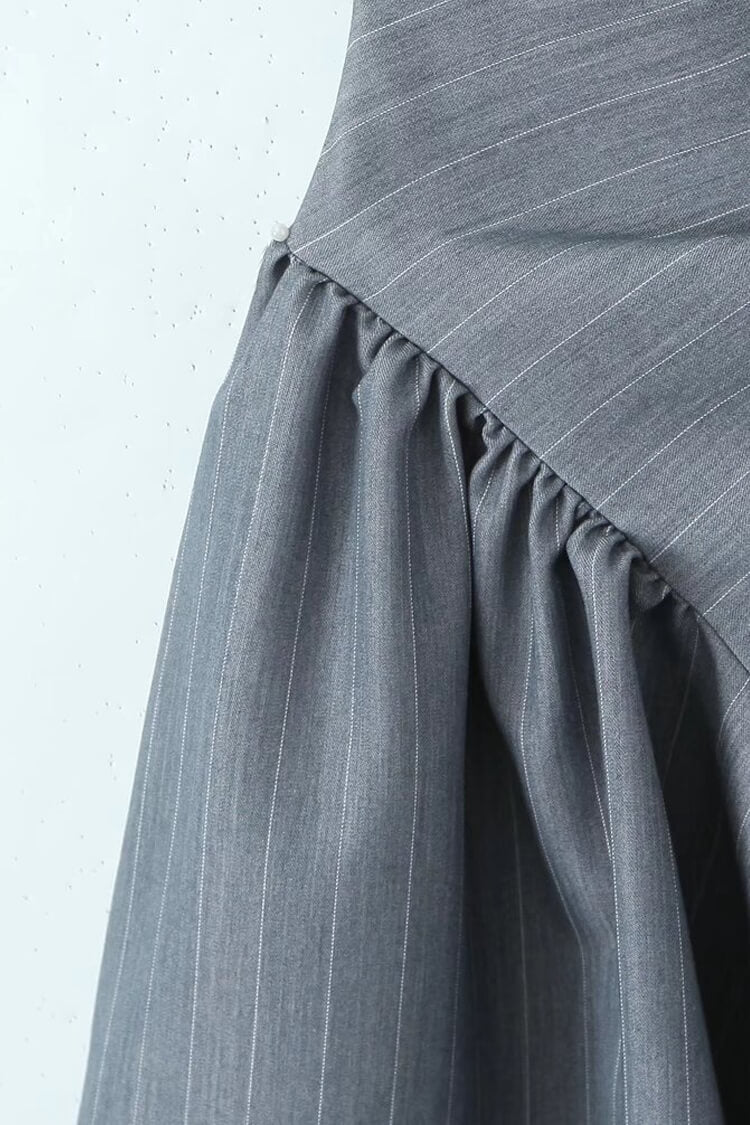 Sexy Pinstripe Print Halter Ruched Bustier Button Drop Waist Party Mini Dress