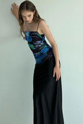 Sexy Printed Ruched Mesh Satin Split Back Cocktail Party Midi Dress - Black 2