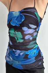 Sexy Printed Ruched Mesh Satin Split Back Cocktail Party Midi Dress - Black 3