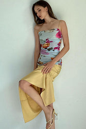 Sexy Printed Ruched Mesh Satin Split Back Cocktail Party Midi Dress - Yellow 2