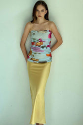 Sexy Printed Ruched Mesh Satin Split Back Cocktail Party Midi Dress - Yellow 4