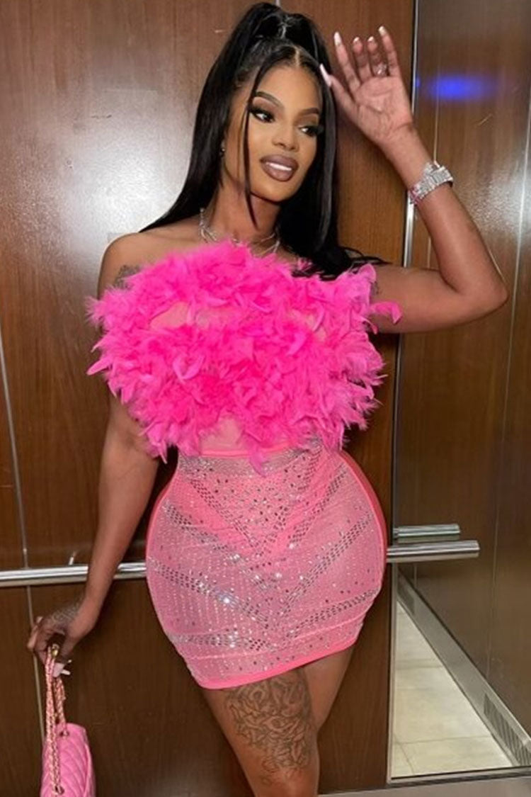 Sexy Rhinestone Sheer Mesh Panel Feather Strapless Party Mini Dress - Hot Pink 2
