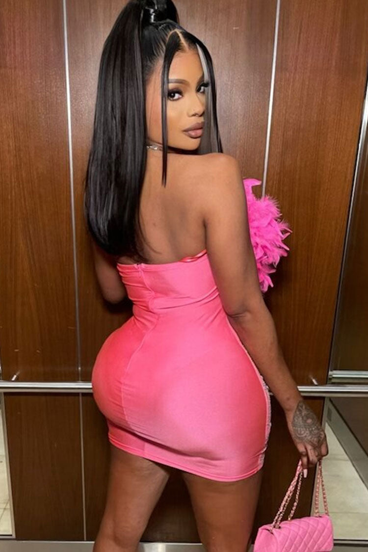 Sexy Rhinestone Sheer Mesh Panel Feather Strapless Party Mini Dress - Hot Pink 3